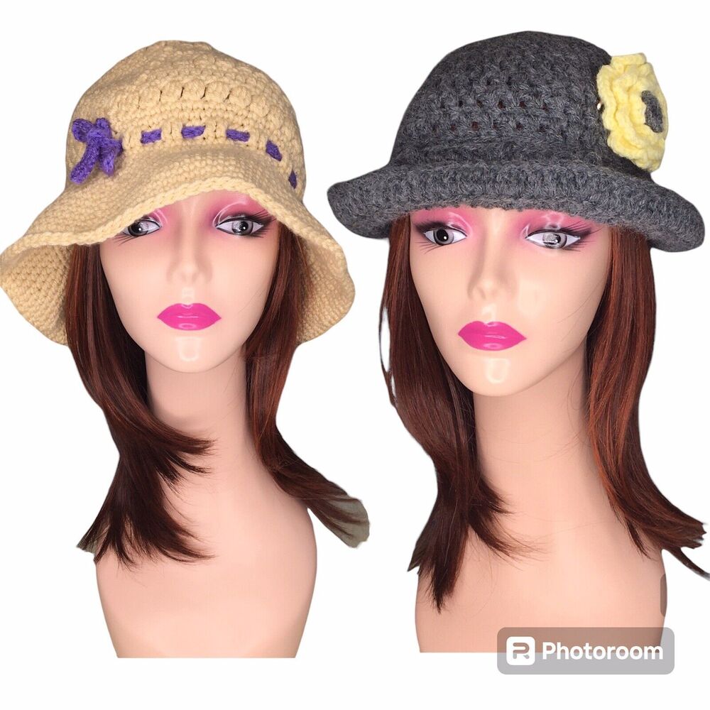 Vtg. 2 Handmade Crochet Hats Hippie Grandma Funky Cottagecore‎ Slow Fashion